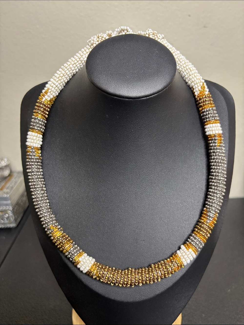 Boho Vintage Handcrafted Beaded Necklace in White, Gold and Silver Tones